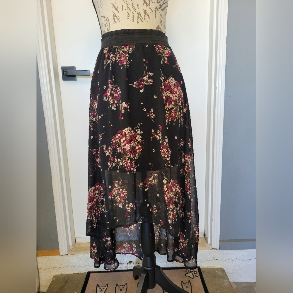 Wet Seal High Low Witchy Floral Black Burgundy Skirt XS